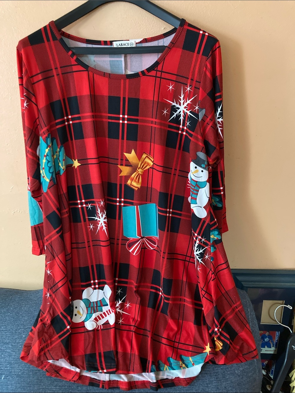 Larace Red Plaid womens Holiday Pajama Top with Snowman & Gift Motifs